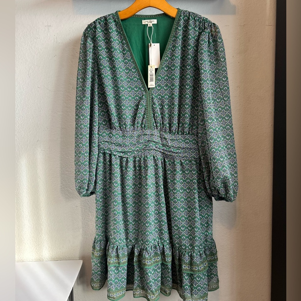 Max Studio London Long Sleeve Floral Print Mini Dress Green Size XL